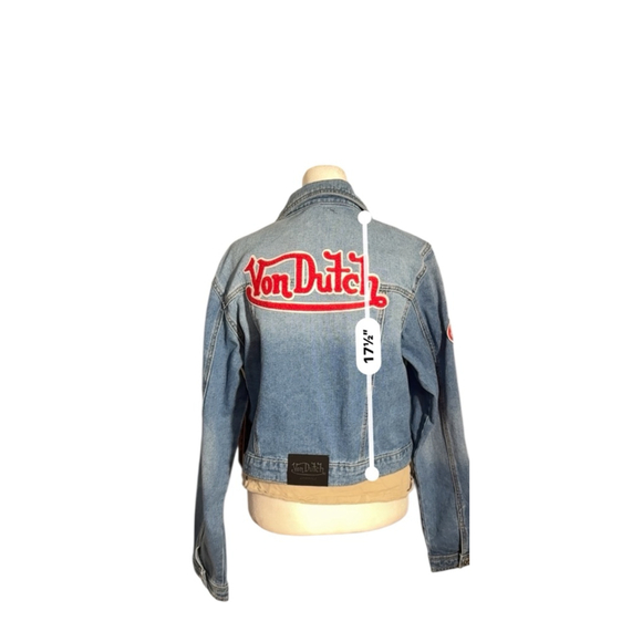 Size XL Von Dutch Blue Denim Jean Jacket with Red Logo XL Red Logo Patch Y2K - Picture 3 of 10